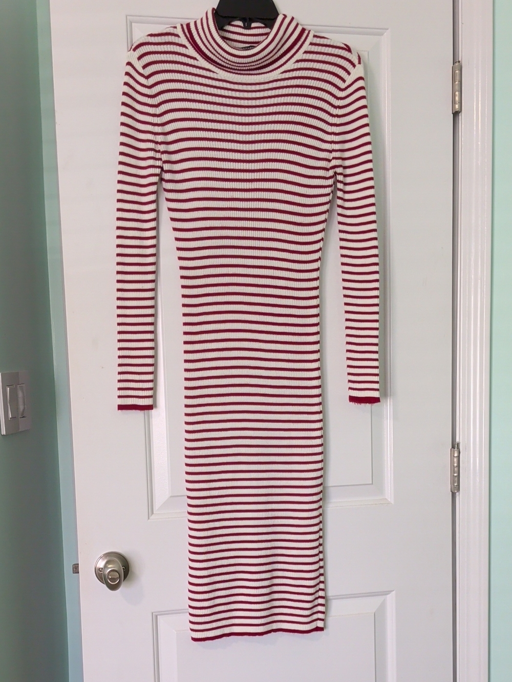 Trendyol Maroon and White Striped Ribbed Turtleneck Midi Dress